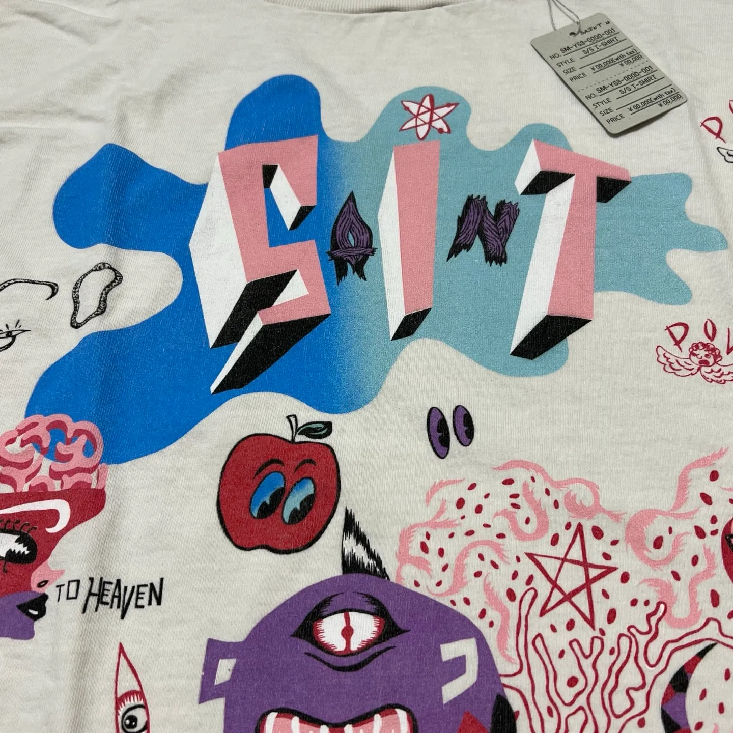 SAINT Mxxxxxx SS TEE/DAY OF THE FREAKS/WHT Monster Day/Monster Illustration Short Sleeve Off-White S-XL Same as the original version OE yarn cylinder without side seam fabric Top printing technology Zero difference restoration ZP Complete copy matching Main mark/wash mark/cherub mark complete